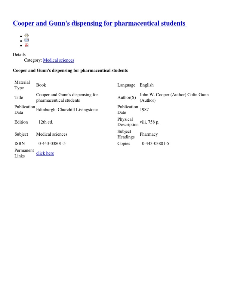 Cooper and Gunn's Dispensing For Pharmaceutical Students Medical Sciences PDF