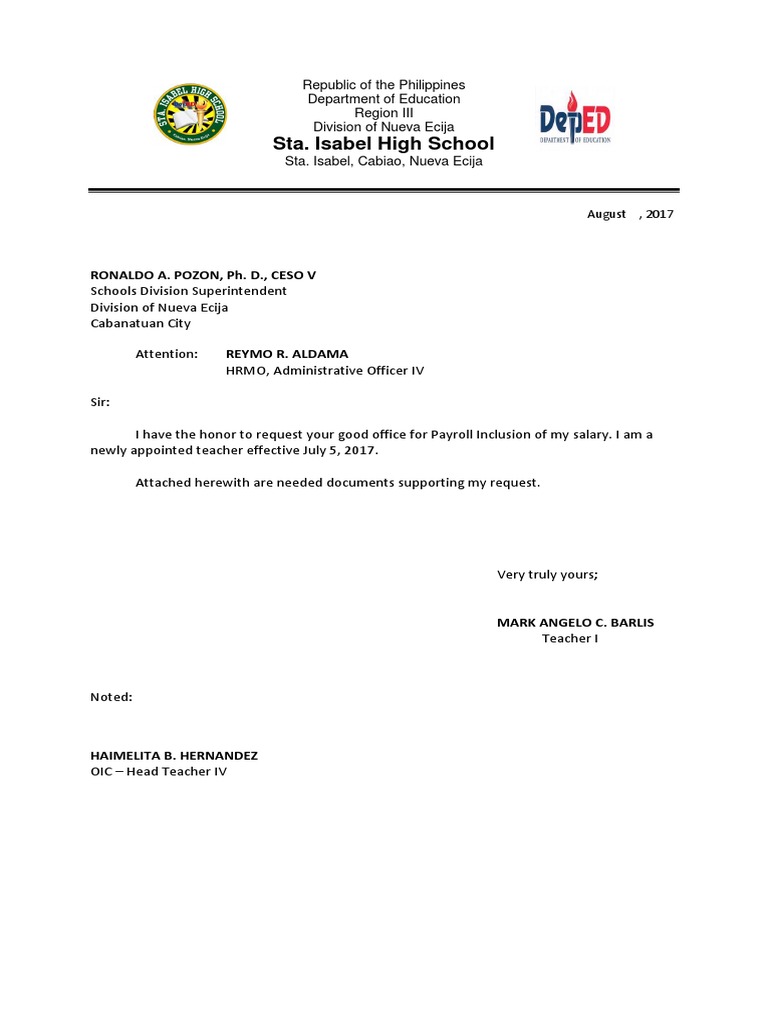 Payroll Inclusion Request for Teacher I | PDF