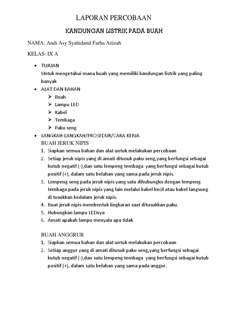 Contoh Laporan Percobaan Kandungan Listrik Pada Buah Dunia Sosial