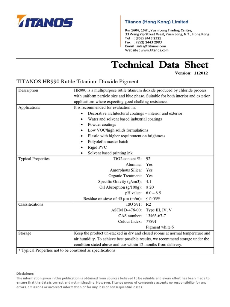 TITANOS HR990 Rutile Titanium Dioxide Pigment Technical Data Sheet