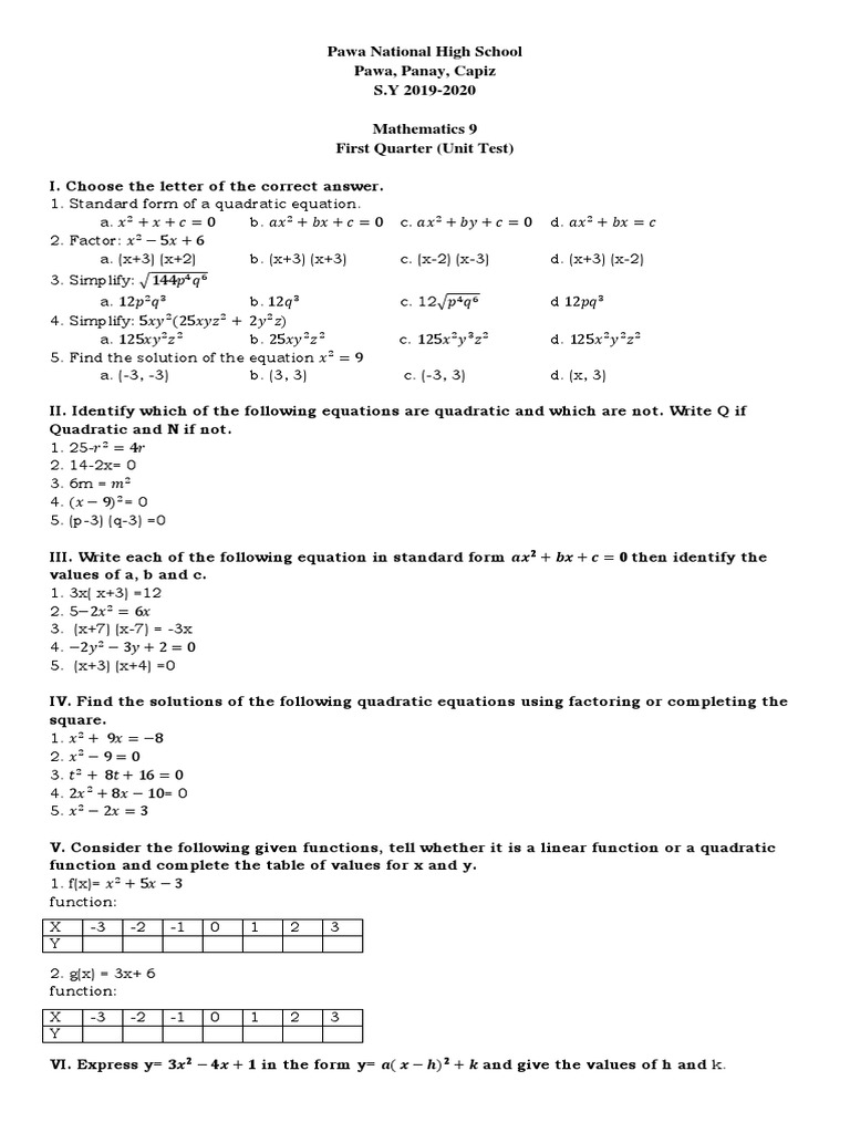 Quadratic Equations Unit Test | PDF | Teaching Methods & Materials