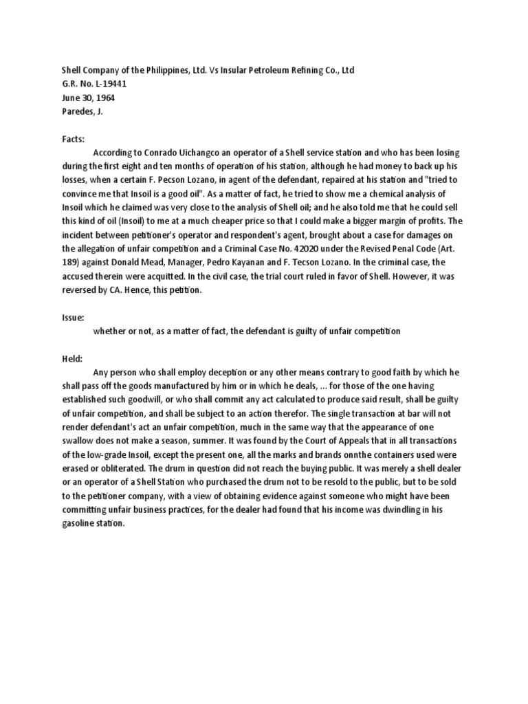 Unfair Competition Case: Shell vs. Insular | PDF | Law