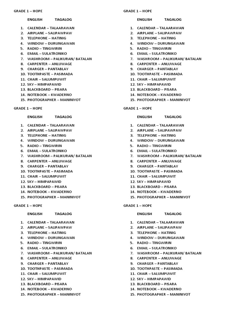 Grade 1 Filipino Quiz Bee Pdf