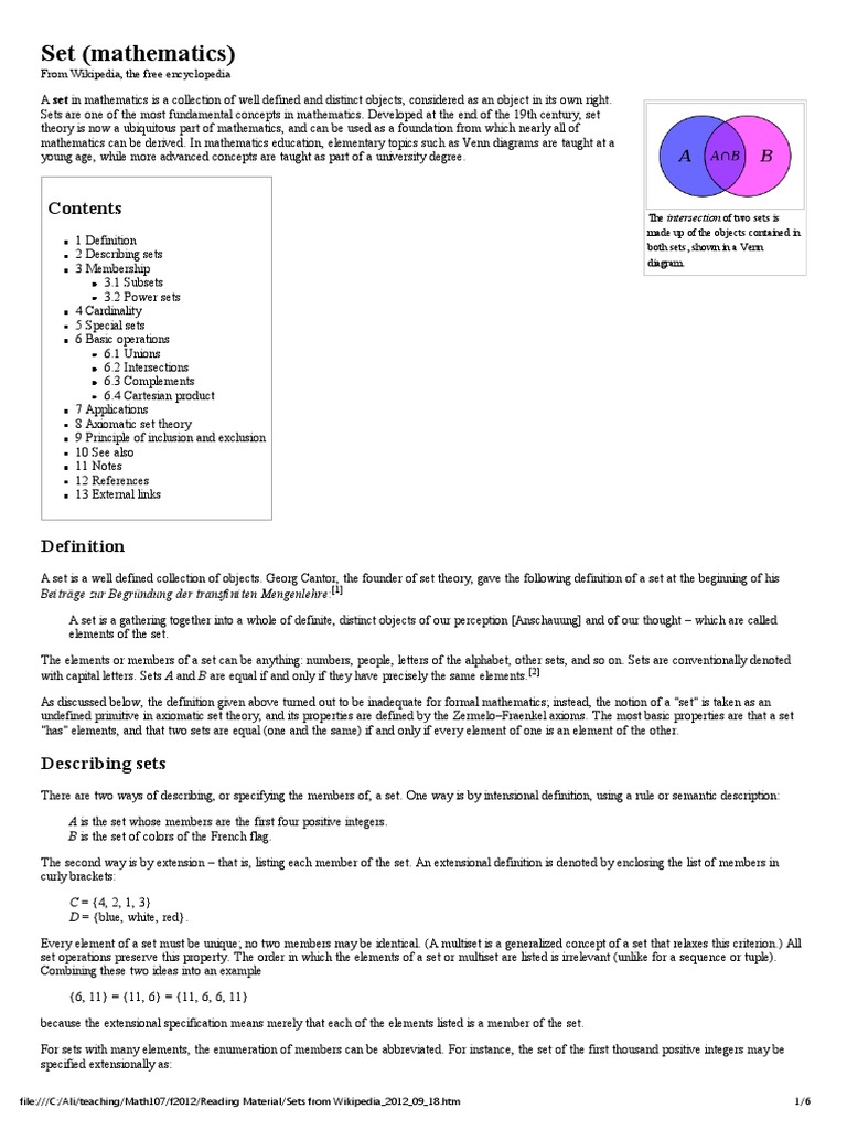 Set (Mathematics) : From Wikipedia, The Free Encyclopedia | PDF | Set ...