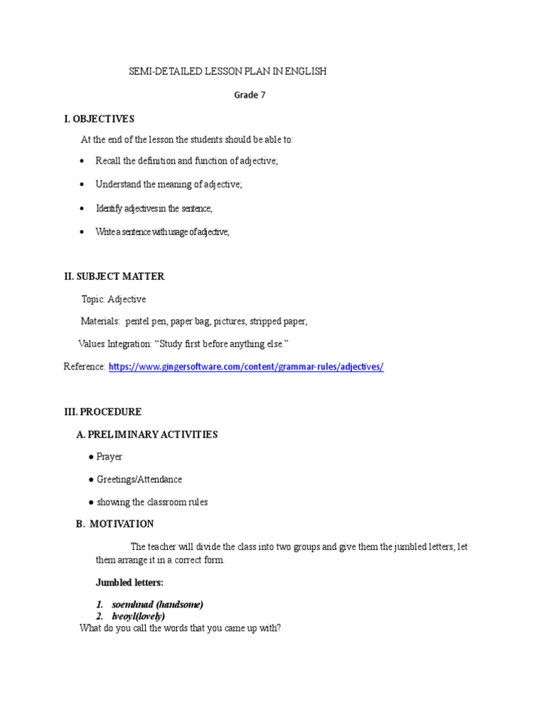 Adjective Order Lesson Plan Final Demo | PDF