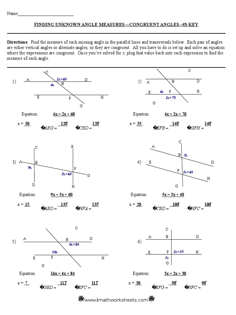 Finding Unkown Angle Measures 3 KEY PDF Elementary Geometry Space
