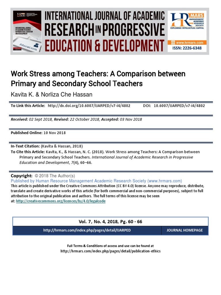 Work Stress Among Teachers A Comparison Between Primary and Secondary ...