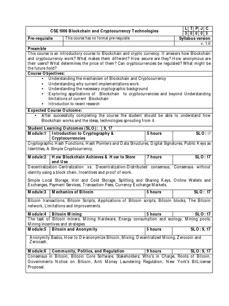 Blockchain and Cryptocurrency Course Overview | PDF | Cryptocurrency |  Bitcoin