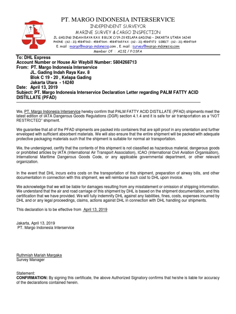 Indemnity Letter PFAD MT MTM Tokyo | PDF | Dangerous Goods | Business