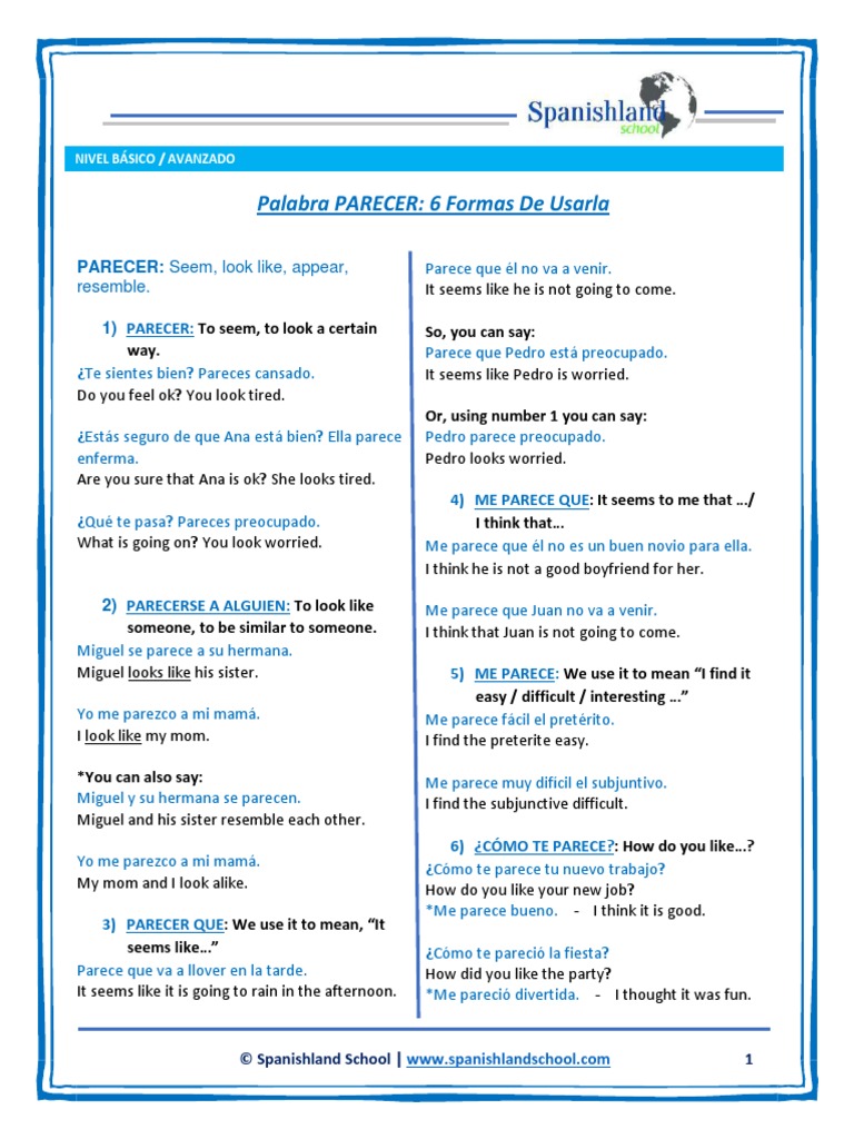 Parecer 6 Usos Cheat Sheet Grammar Linguistics