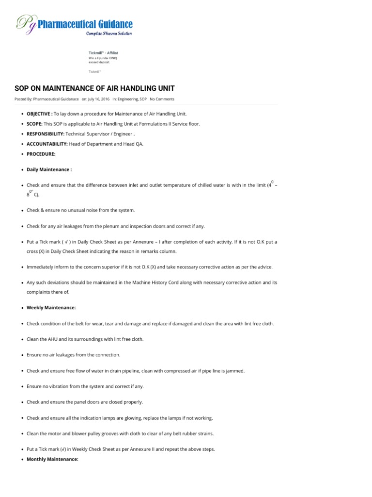 Sop On Maintenance of Air Handling Unit - Pharmaceutical Guidance | PDF ...