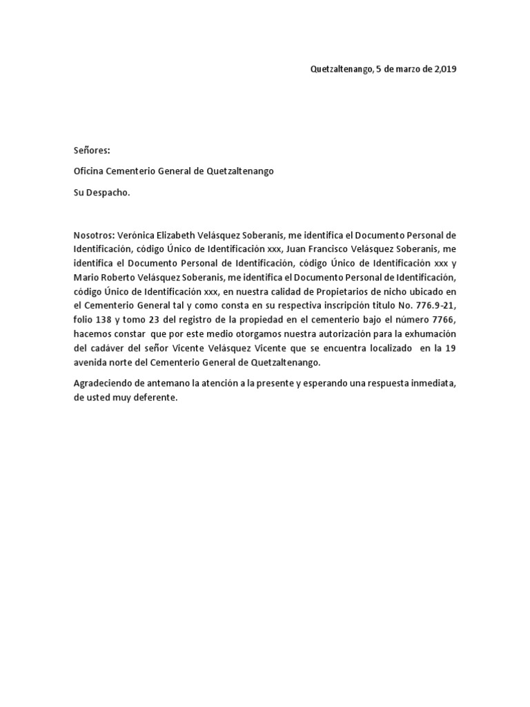 Carta Solicitud Exhumacion Ejemplo Pdf