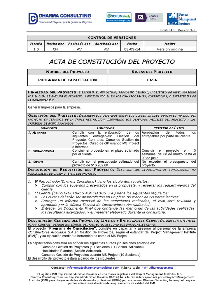 Acta de Constitución de Un Proyecto | PDF | Gestión de proyectos ...