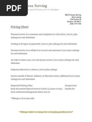 pricing sheet