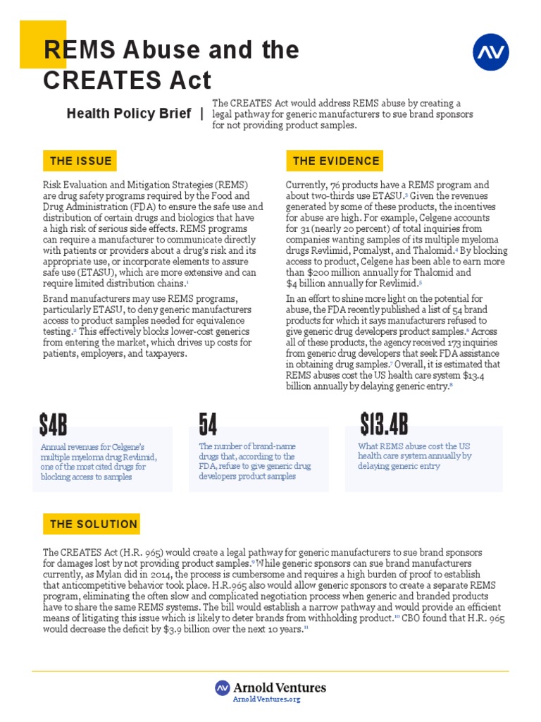 REMS Abuse and The CREATES Act | PDF | Generic Drug | Food And Drug ...