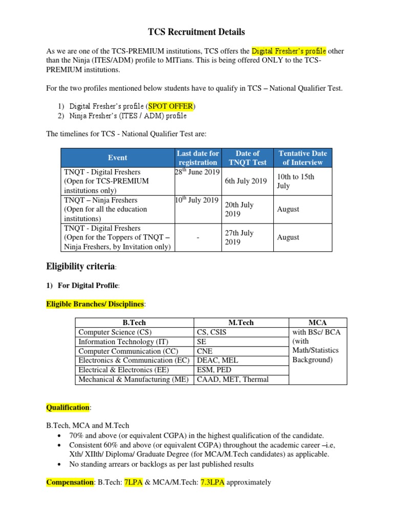 TCS Digital and Ninja Profile Recruitment | PDF | Computer Science ...