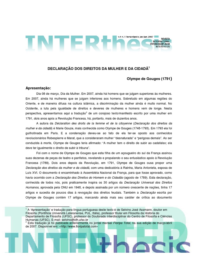 Olympe de Gouges - Declaração Dos Direitos Da Mulher e Da Cidadã PDF ...