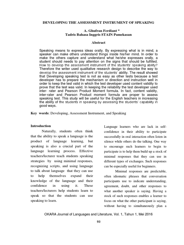 Developing The Assessment Instrument of Speaking | PDF | Validity ...