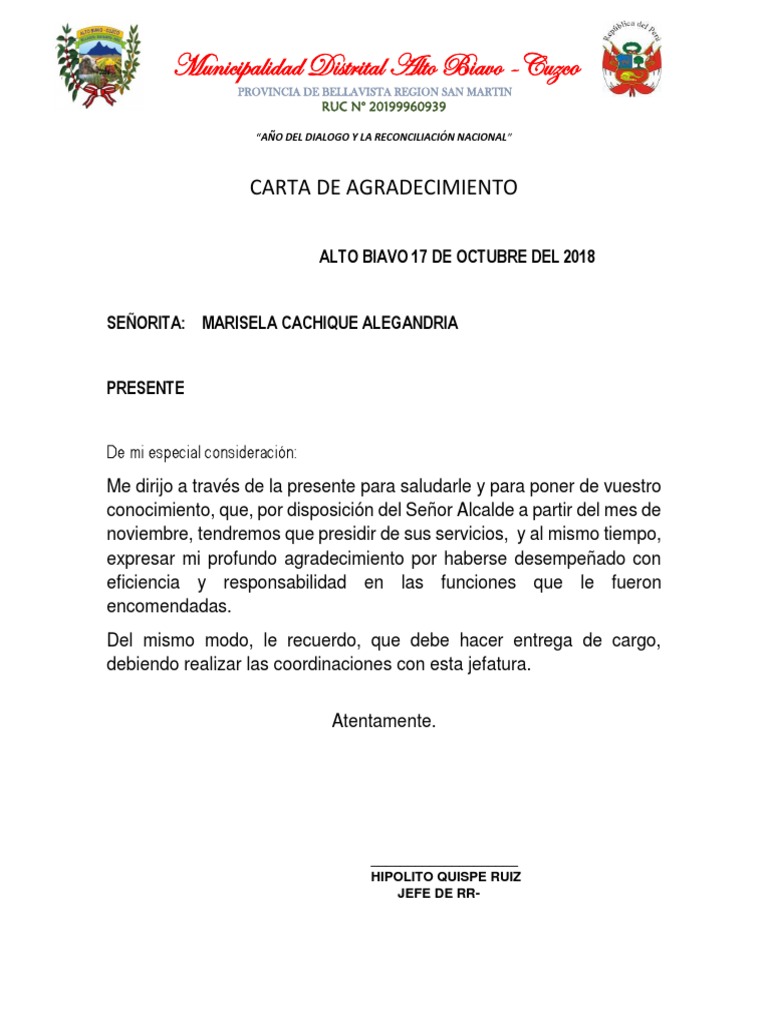 Carta de Agradecimiento para Un Trabajo  PDF  Gobierno