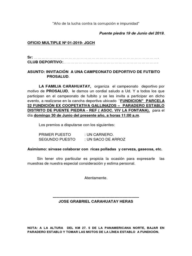 Oficio de Invitacion A Campeonato de Futbol | PDF
