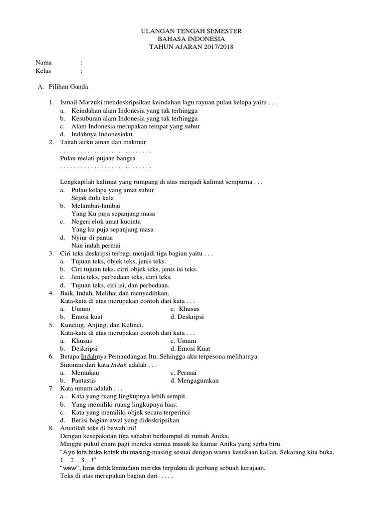 Ulangan Tengah Semester Bahasa Indo