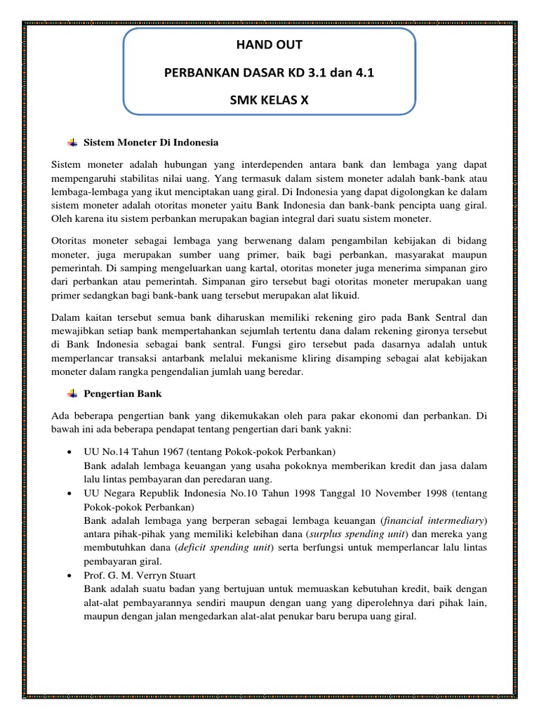 Hand Out Perbankan Dasar Kd 3 1 Dan 4 1 Smk Kelas X