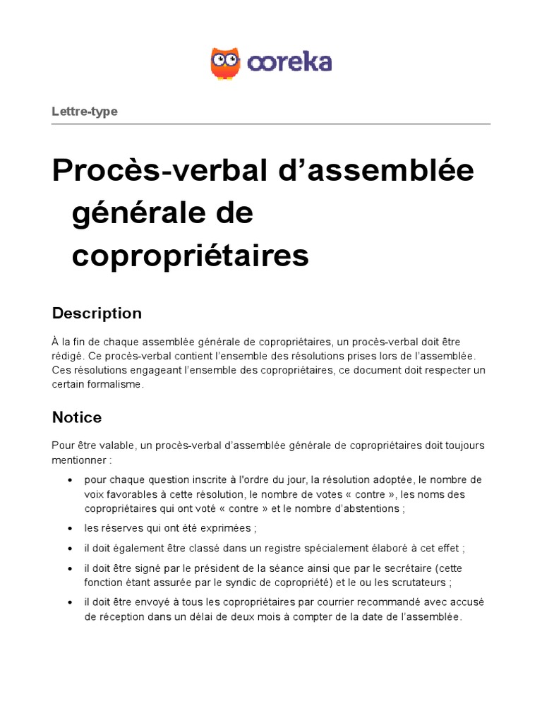Modèle Convocation Assemblée Générale Syndic Bénévole Gratuit Ooreka Proces Verbal Assemblee Generale Coproprietaires | PDF | Condominium  | Gouvernement