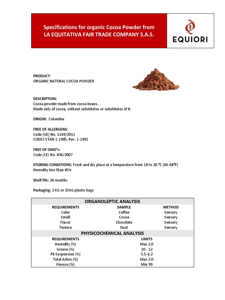 Ficha Tecnica Cacao Polvo PDF Cocoa Bean Chocolate