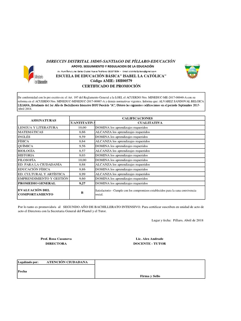 Certificado de Promoción Primero Bachillerato Intensivo