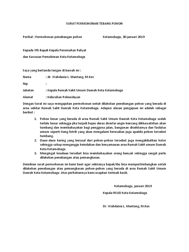 Contoh Surat Permohonan Tebang Pokok