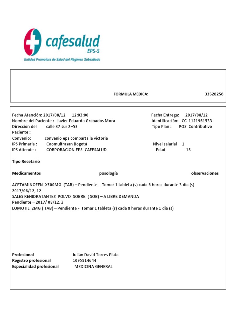 Ejemplo de Fórmula Médica en Colombia | PDF