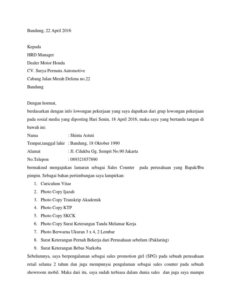 Surat Lamaran Dealer Sebagai Sales Counter Pdf