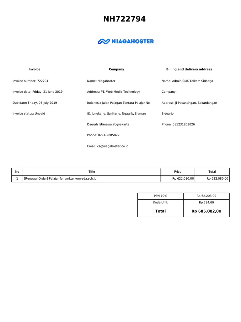 Invoice for SMK Telkom Sidoarjo | PDF