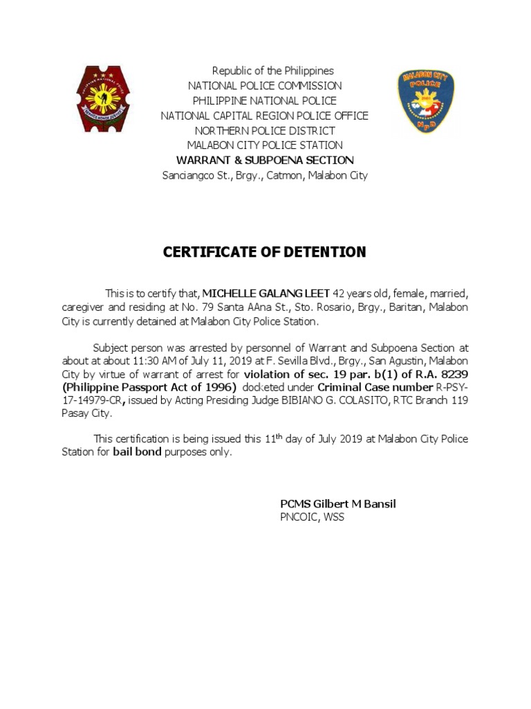 Certificate of Detention PDF Misconduct Legal Action