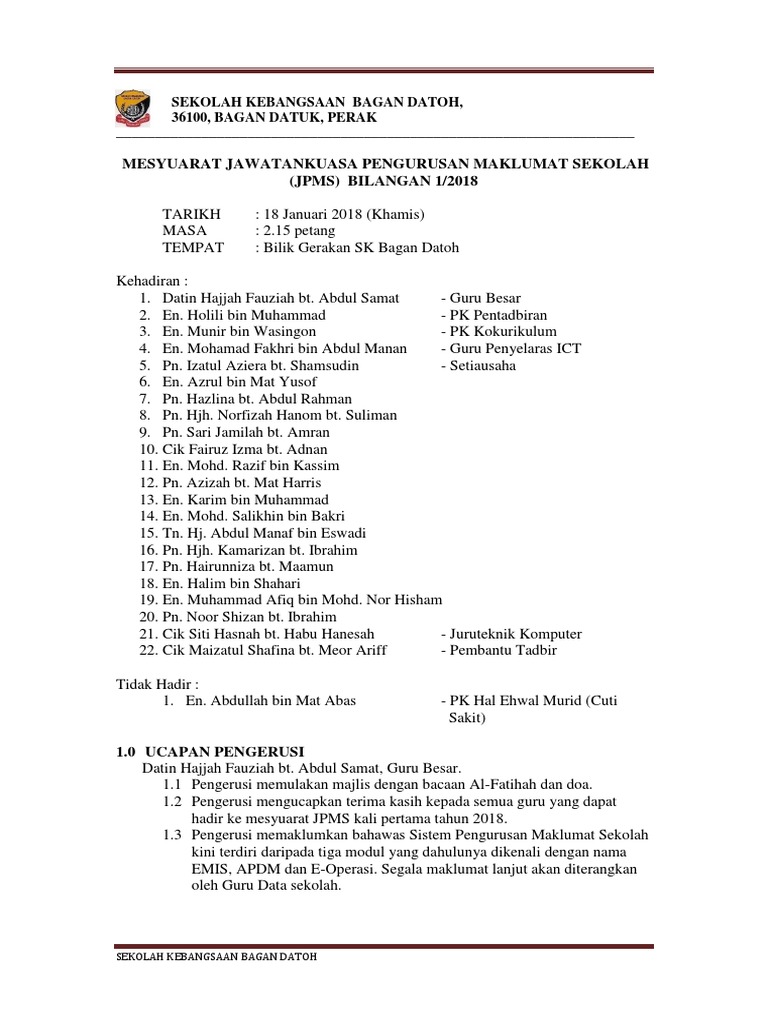 Mesyuarat Jawatankuasa Pengurusan Maklumat Sekolah Bilangan 1