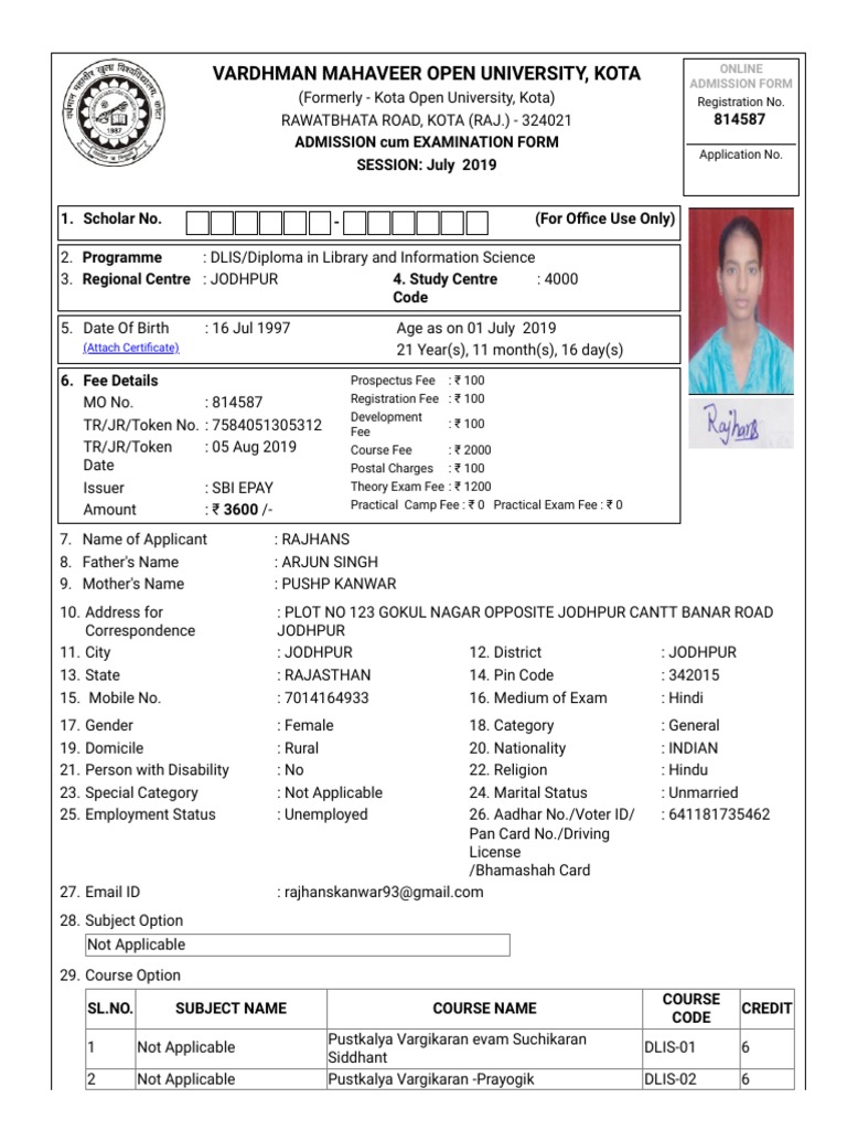 VMOU Admission Form for DLIS Course | PDF | Government