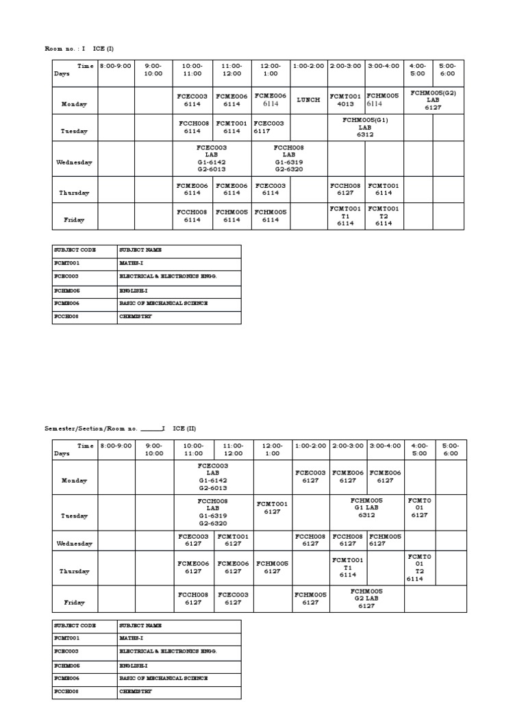 ICE Time Table for Semester I | PDF | Nature