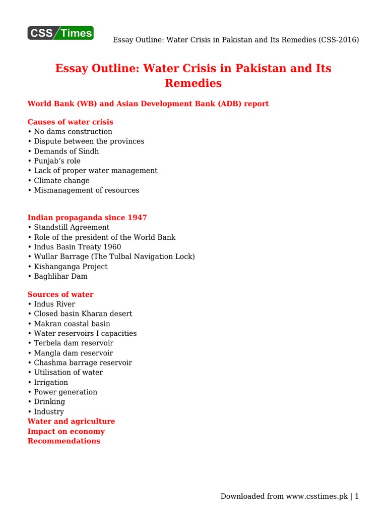 essay on water crisis in pakistan with outline