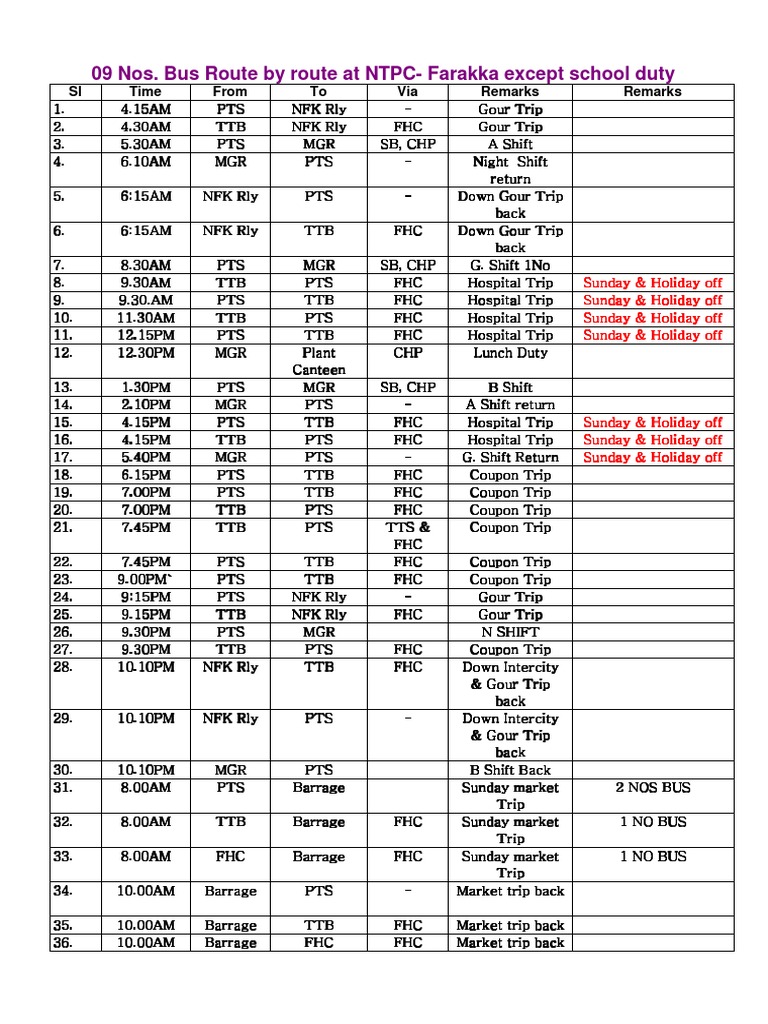 NTPC Farakka Bus Schedule Overview | PDF