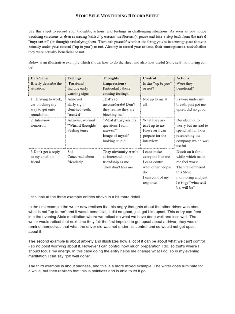 Stoic Self-Monitoring Record Sheet | PDF | Stoicism | Emotions