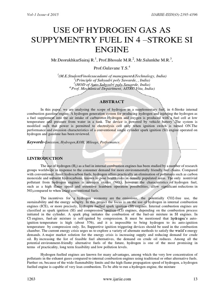 Use of Hydrogen Gas As Suppymentry Fuel in 4 - Stroke Si Engine | PDF ...