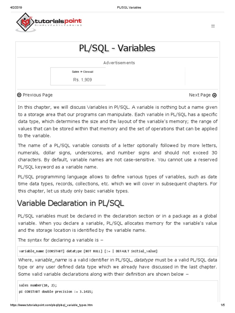 PL SQL Variables | PDF | Pl/Sql | Variable (Computer Science)