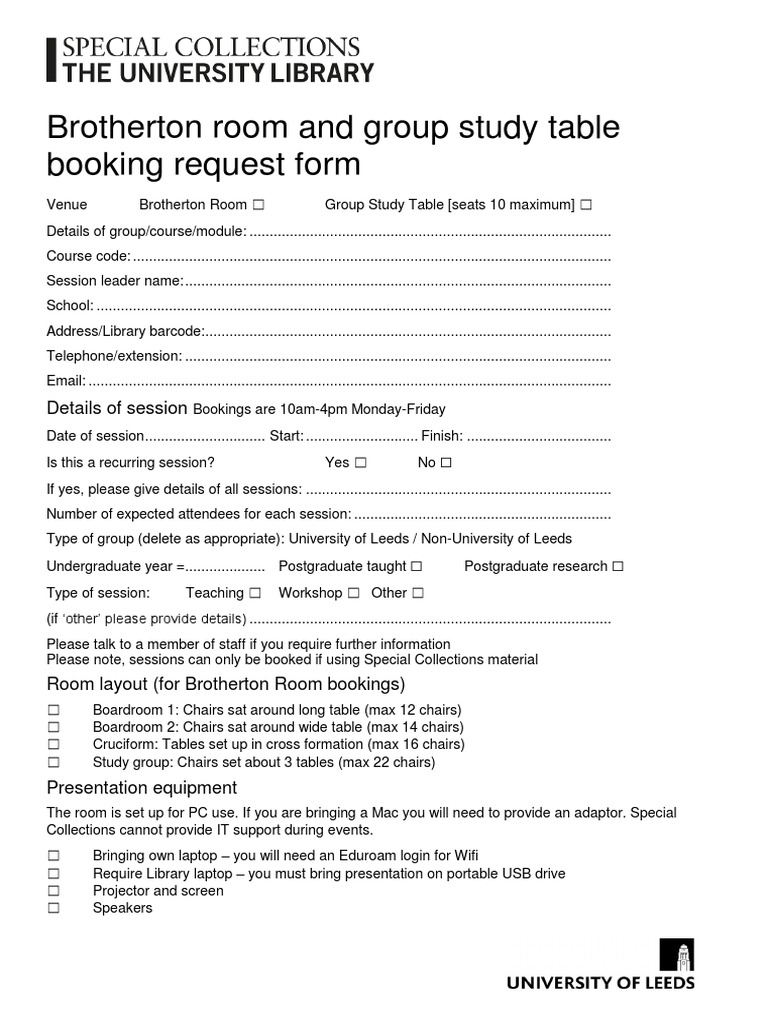 Brotherton Room and Group Study Table Booking Request Form | PDF ...