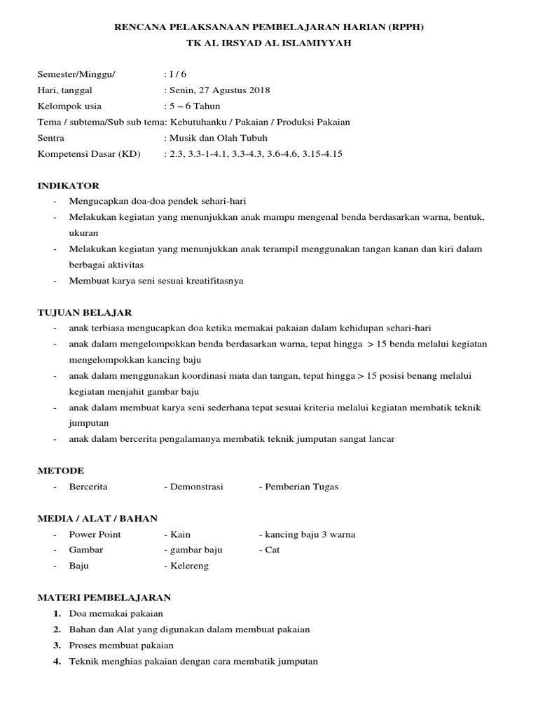 RPPH TK: Pakaian dan Kreativitas | PDF | Kesehatan Holistik