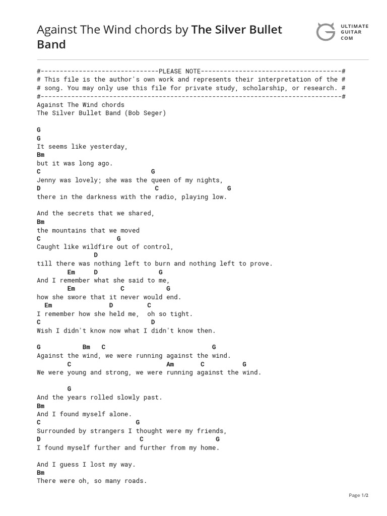 Against the Wind Chords by the Silver Bullet Band | Recorded Music ...