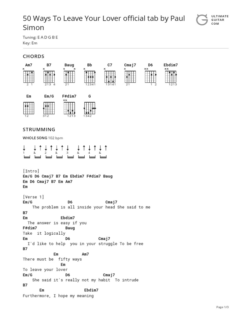 50 Ways To Leave Your Lover O Cial Tab By Paul Simon Chords Song Structure Recorded Music