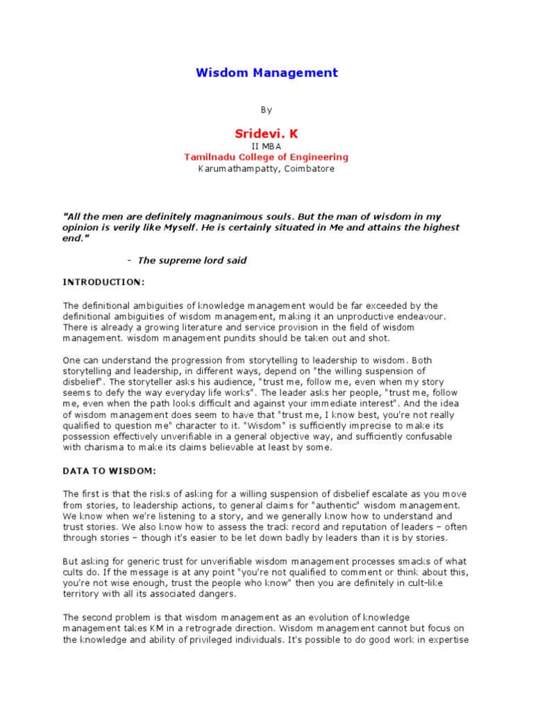 Wisdom Management Sridevi K Download Free Pdf Wisdom Information