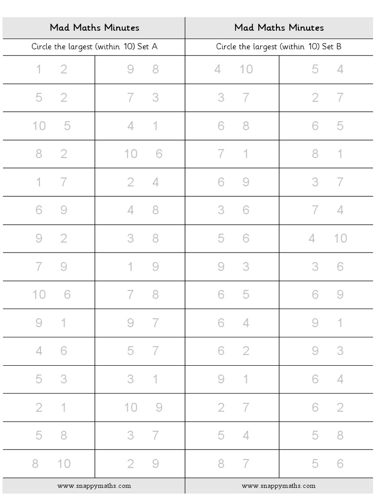 Mad Maths Minutes Mad Maths Minutes Circle The Largest (Within 10) Set
