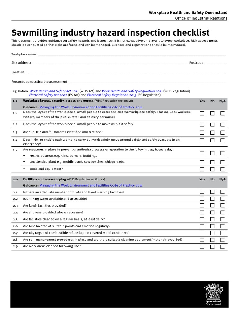 Sawmilling Industry Hazard Inspection Checklist PDF Dangerous Goods