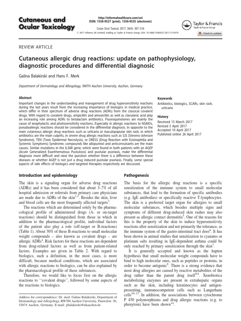 Cutaneous Allergic Drug Reactions Update On Pathophysiology